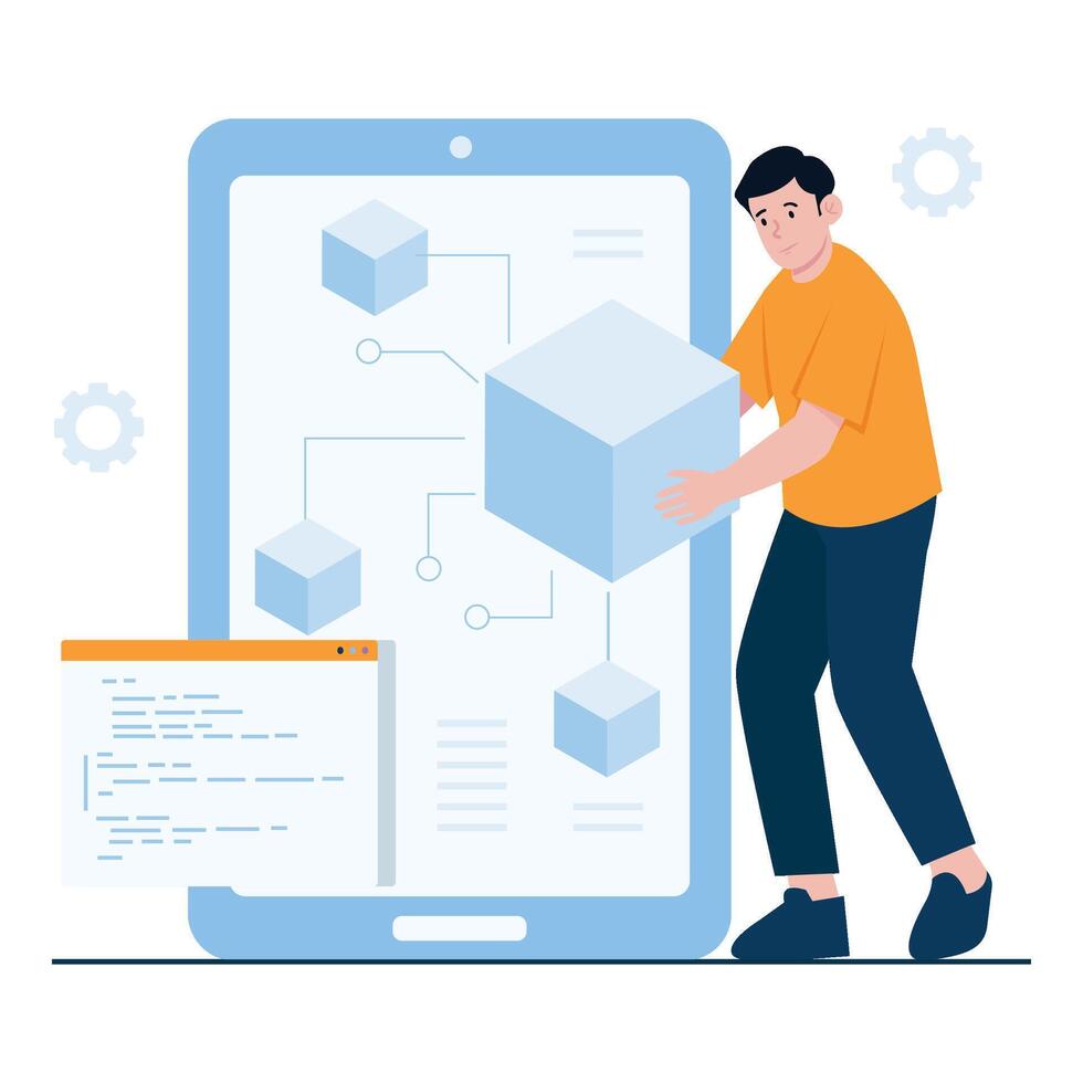 A developer arranging elements of a blockchain ecosystem on a large screen. vector