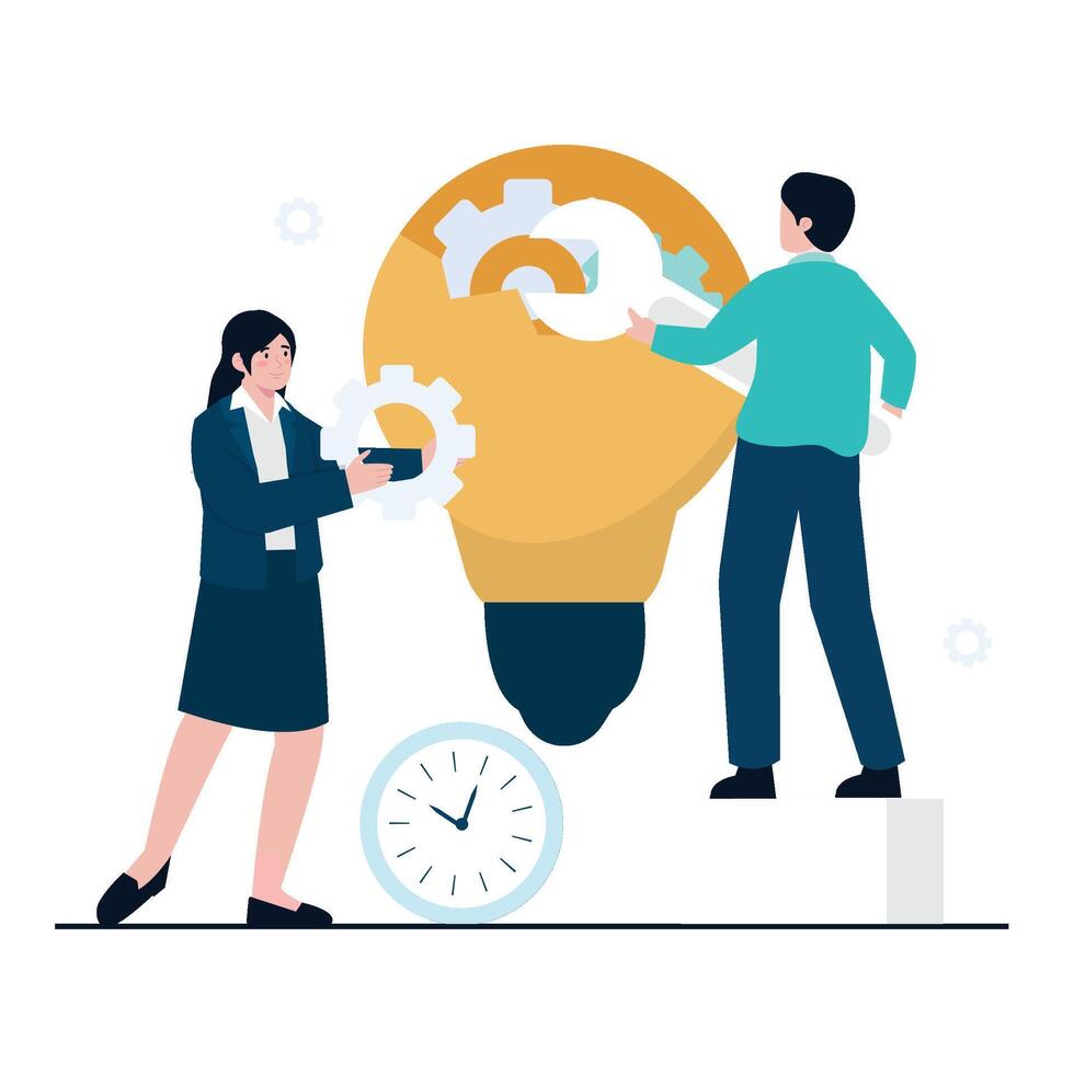 A team works together to develop and refine a big idea. vector