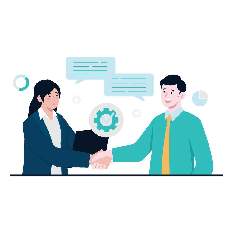 Man and woman shaking hands after successful business collaboration. vector