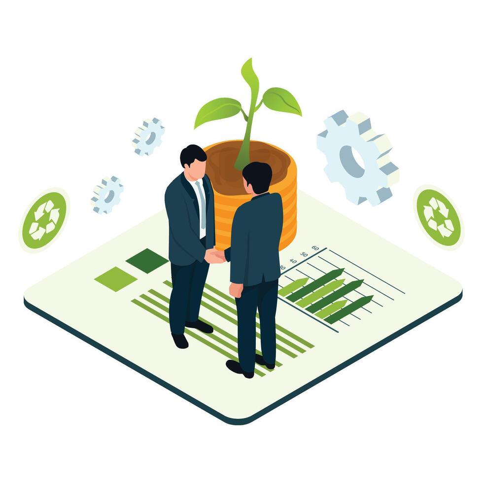Businessmen shaking hands over a growth chart with a plant symbolizing eco-investment and sustainability collaboration. vector