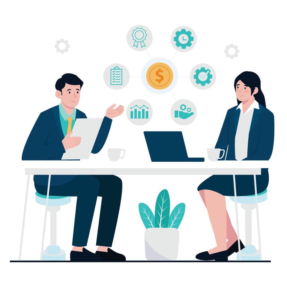 Business professionals discussing financial strategy at a table. vector