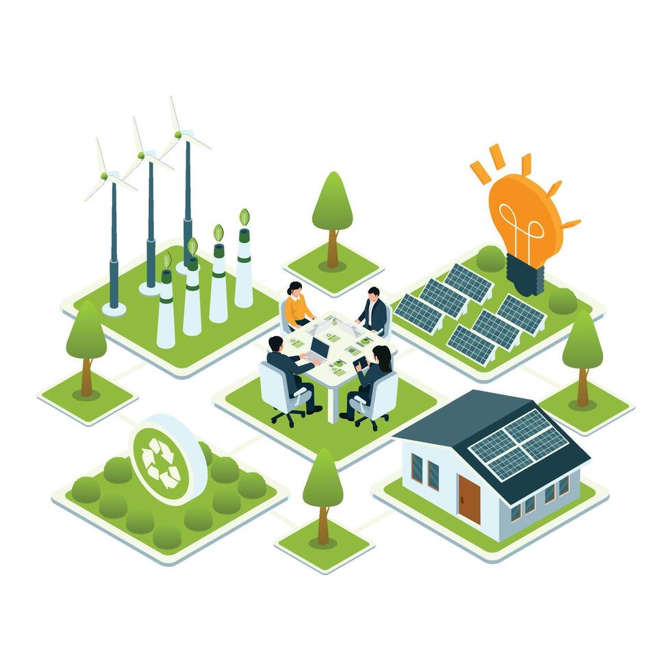 Isometric scene showing professionals discussing sustainable energy strategies with wind turbines, solar panels, and eco-friendly technology vector