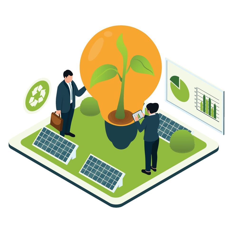 Businesspeople analyzing solar power innovation with a light bulb and growing plant symbolizing clean energy solutions. vector