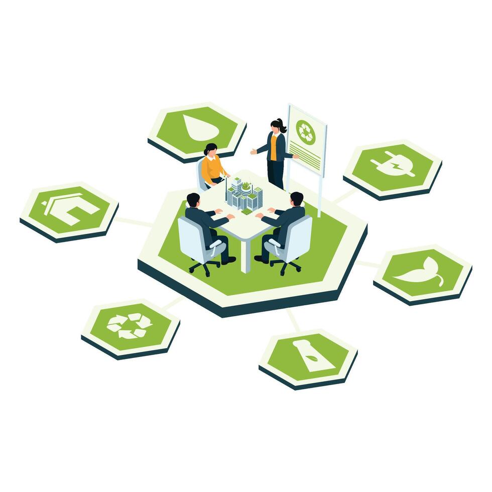 Professionals conducting a sustainability presentation with connected green topic icons around them. vector