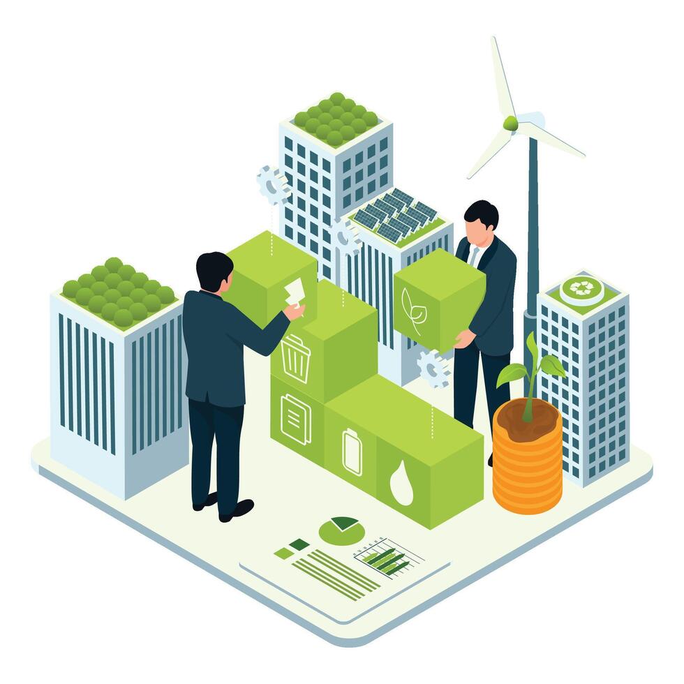 Businesspeople managing eco-friendly infrastructure with icons representing sustainability and clean resources. vector