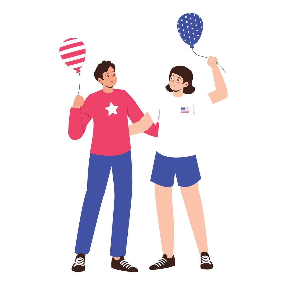 A young couple celebrates the Fourth of July with American flag-themed balloons. vector