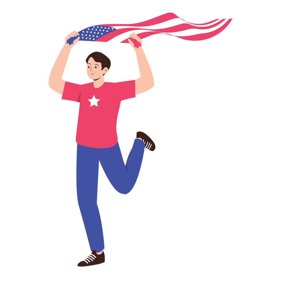 A cheerful boy runs while holding a waving United States flag in celebration. vector