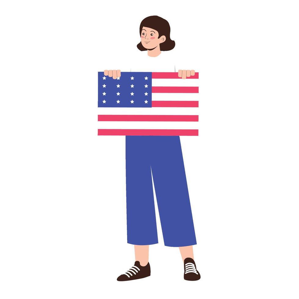 A smiling girl proudly holds a large American flag for Independence Day. vector