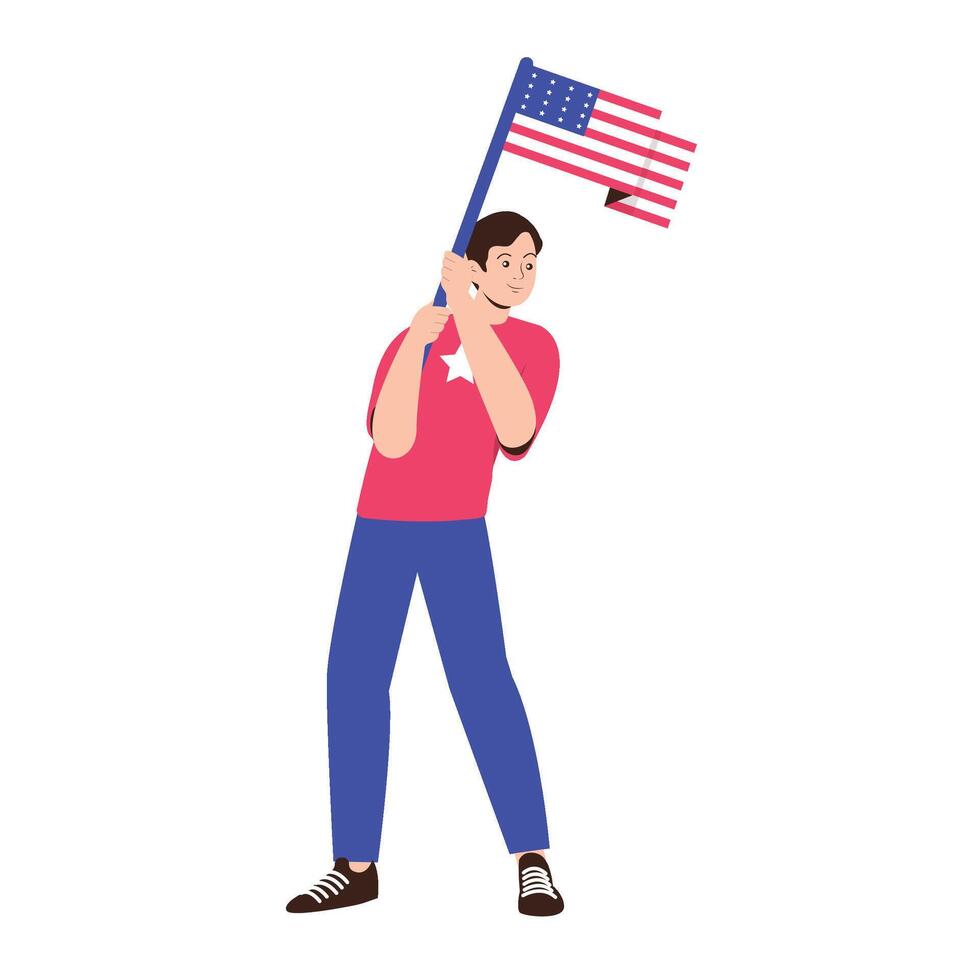A proud boy stands tall with a waving American flag, showing his patriotic spirit. vector