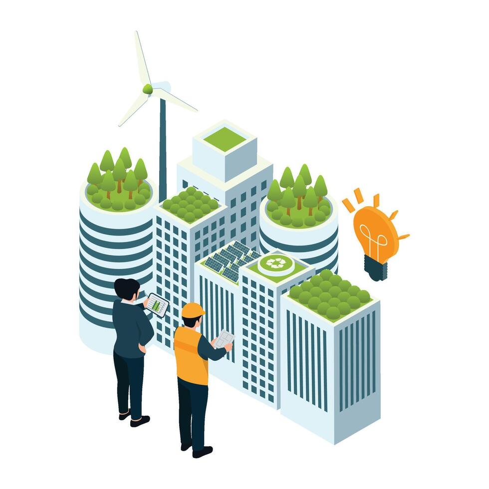 Engineers analyzing green energy solutions on a rooftop with solar panels and vegetation. vector