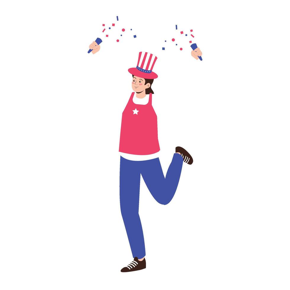 A girl jumps with joy holding sparkler fireworks and wearing a patriotic hat. vector