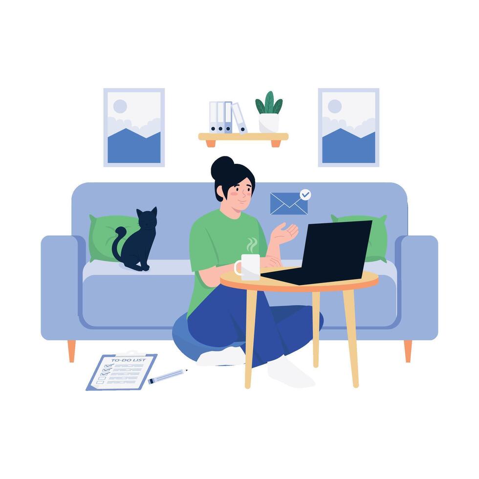 A woman sitting on the floor with a laptop, working remotely beside a black cat. vector