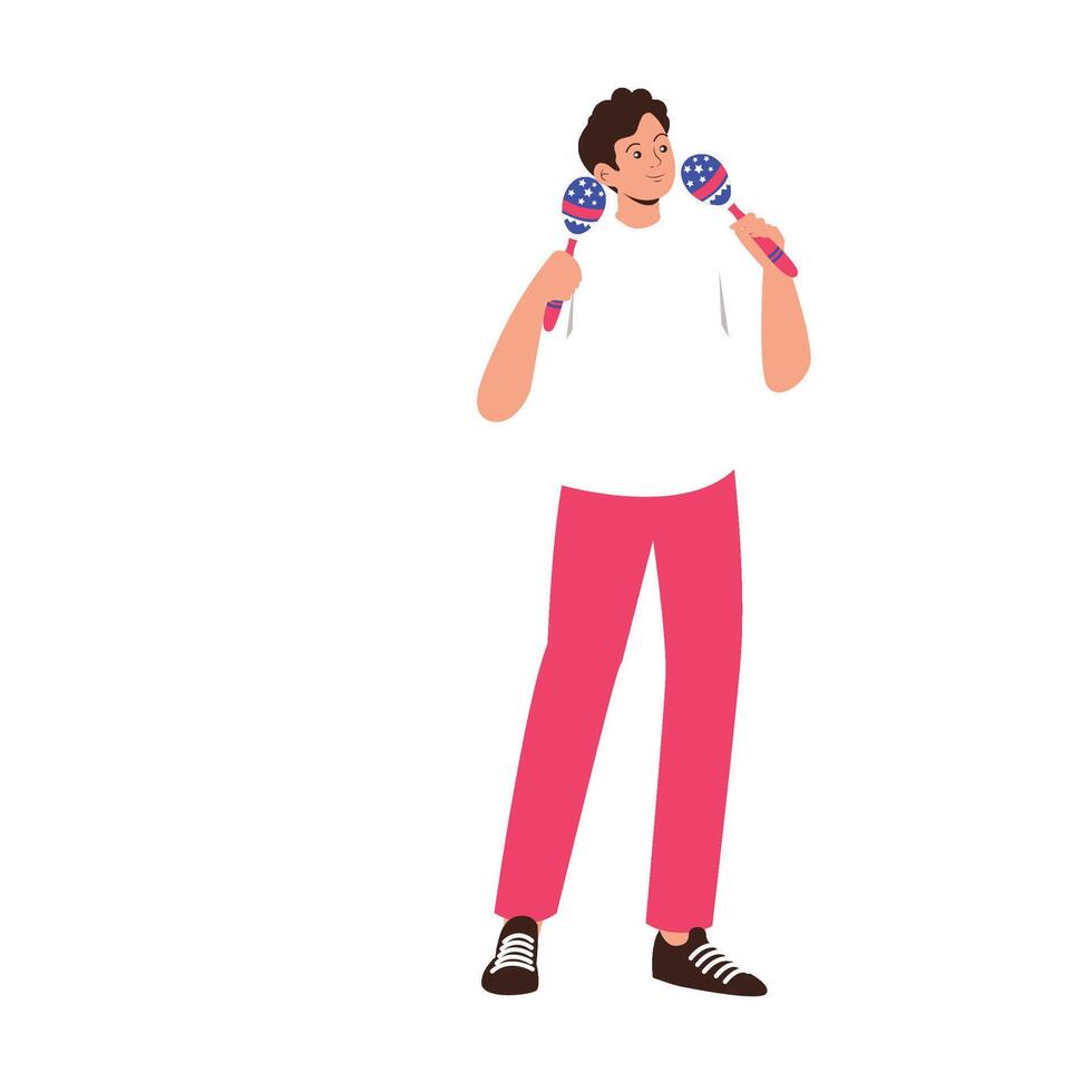A smiling boy shakes American-themed maracas to celebrate Independence Day. vector