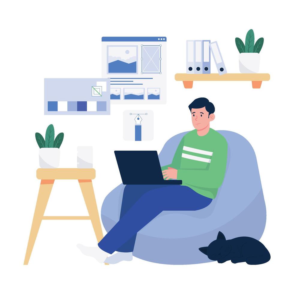 A man focused on graphic design work from home, surrounded by UI and color palette tools. vector