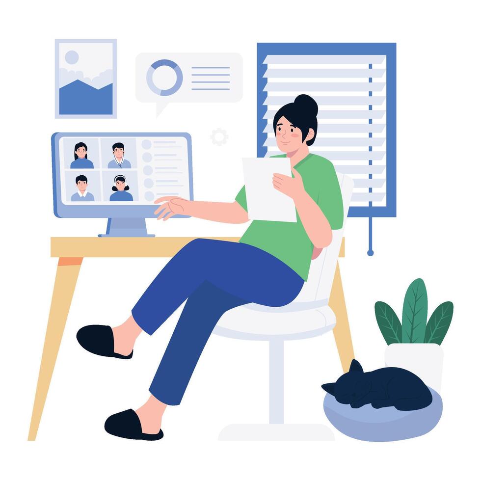 Woman attending a virtual meeting with coworkers from a home office setup. vector