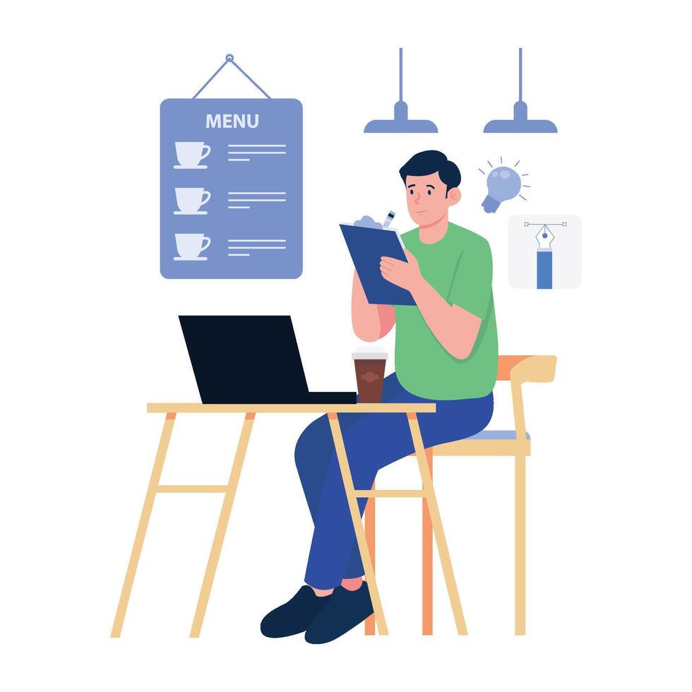 A remote worker brainstorming and taking notes at a cozy cafe with a laptop. vector
