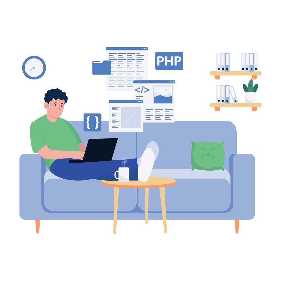 A programmer coding comfortably from the couch with digital tools and PHP references. vector