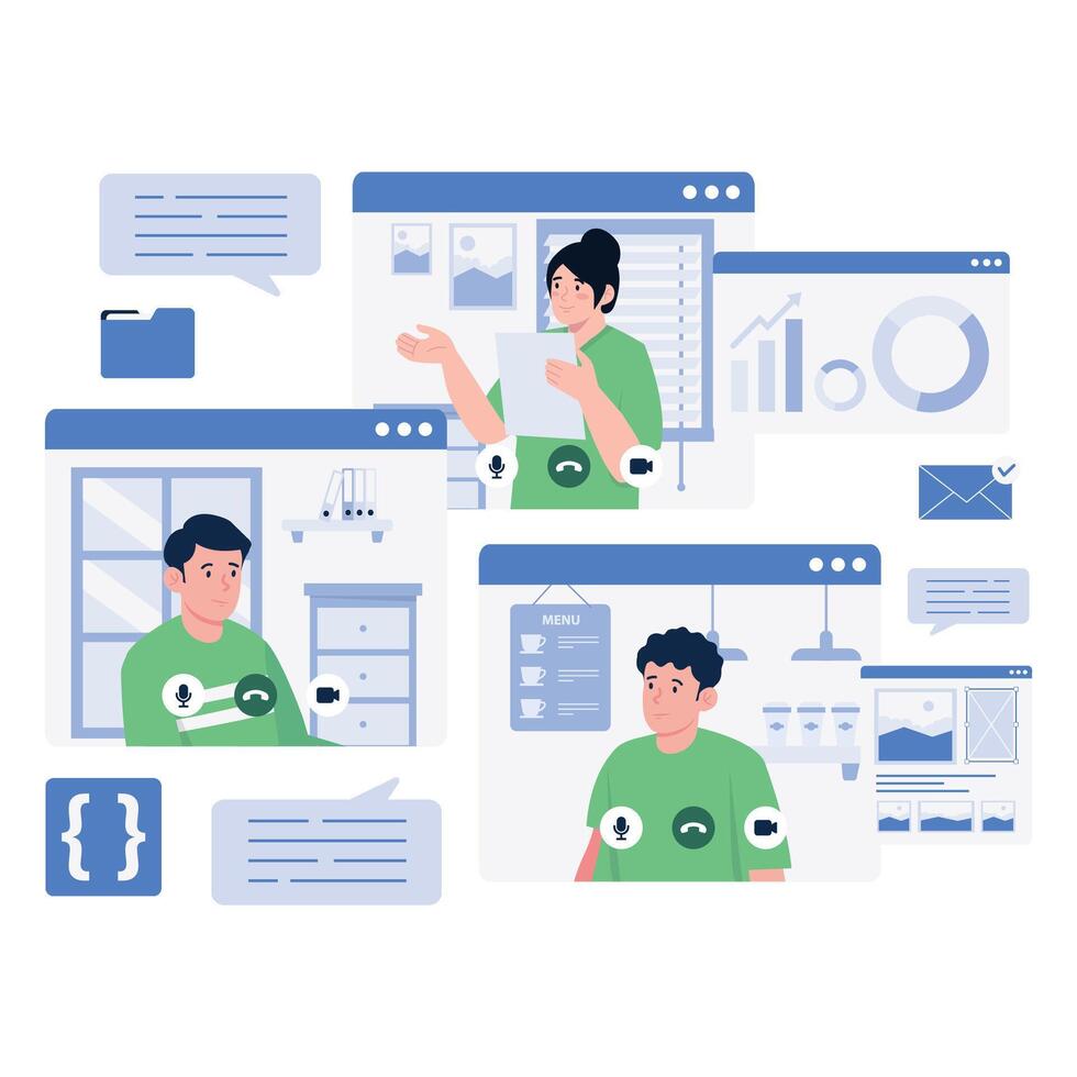 A multi-user conference showing people interacting remotely and sharing ideas. vector