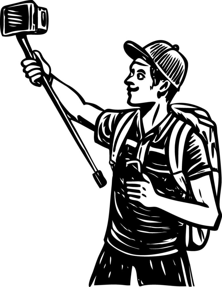 A vintage style illustration showing tourist selfie vector