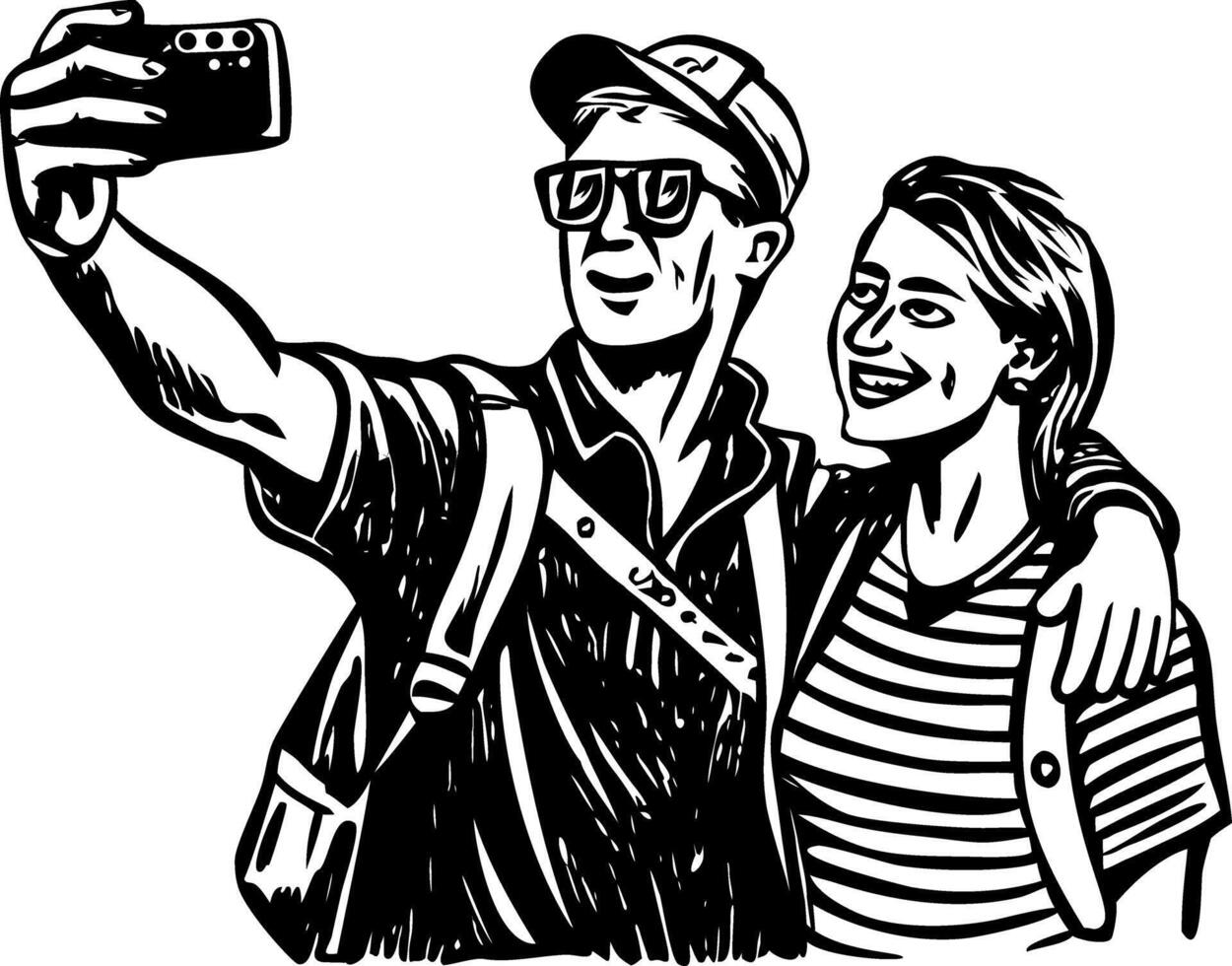 A vintage style illustration showing couple selfie vector