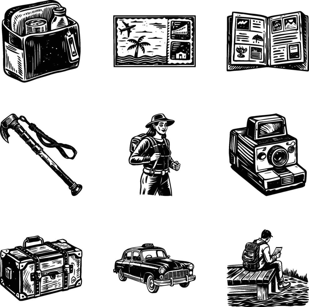 Pack of Traveling Accessories Vintage Illustrations vector