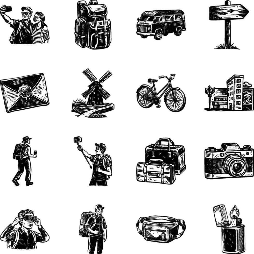 Set of Travel Art Vintage Illustrations vector