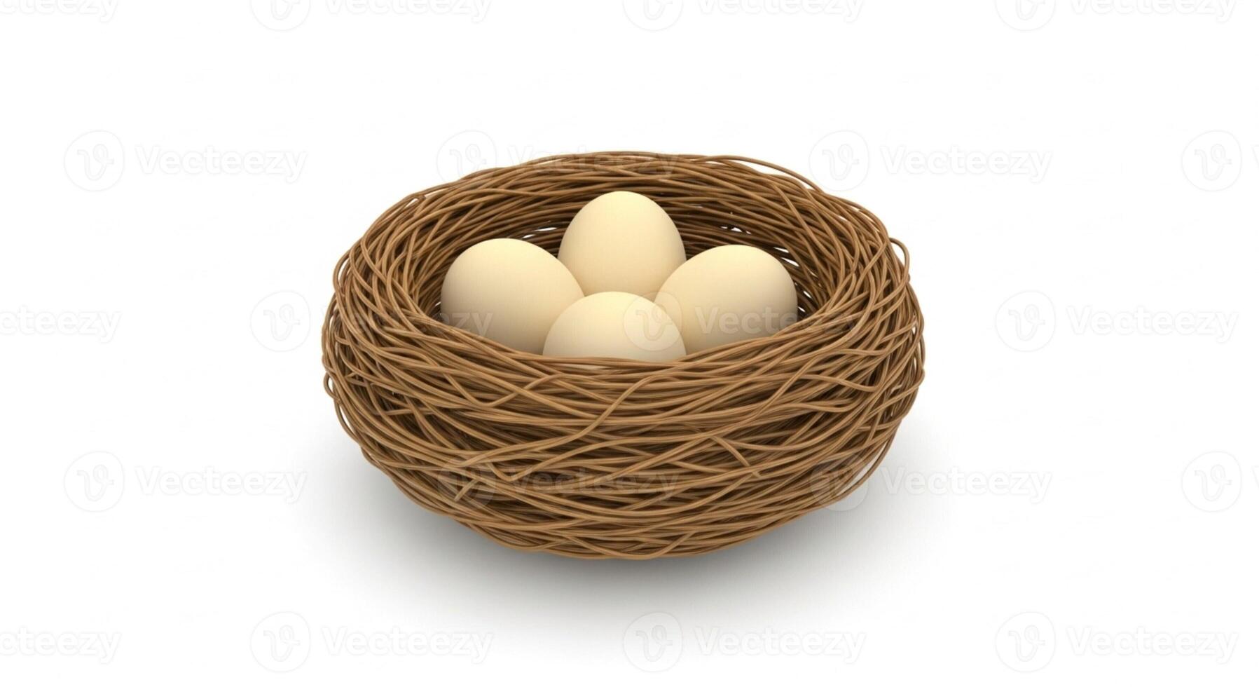 3D illustration of a birds nest with eggs isolated on white photo