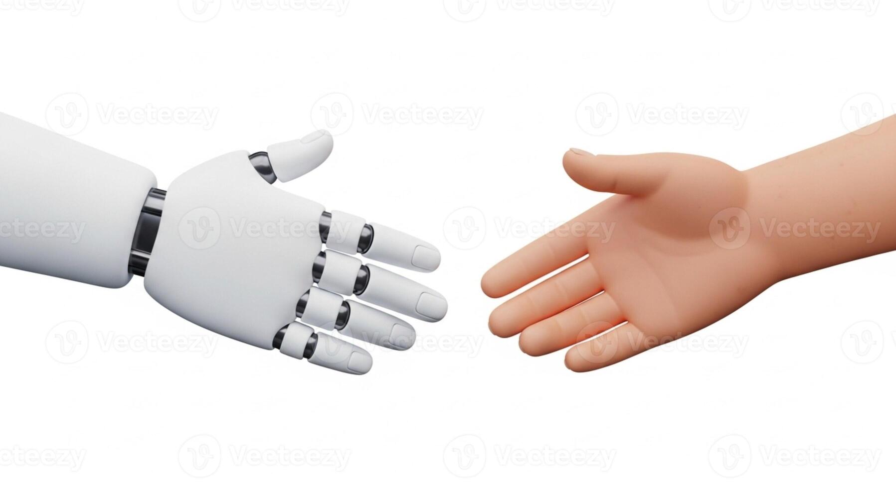 3D illustration of a white AI robot hand shaking a human hand isolated on white photo
