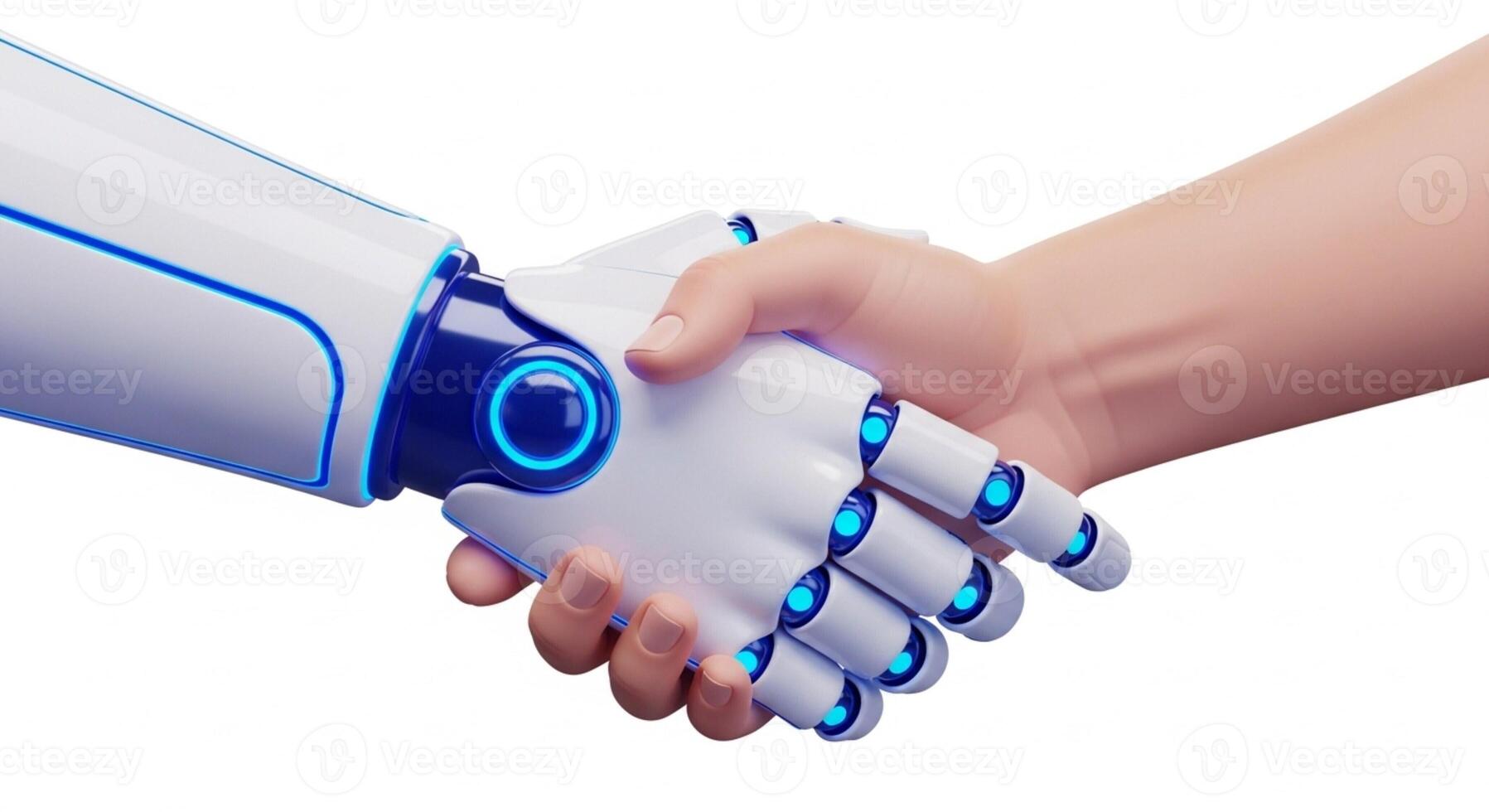 AI hand and human hand shaking hands isolated on white photo