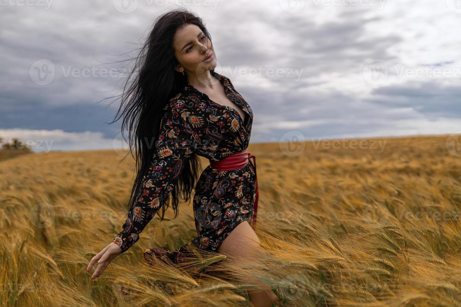 Brunette enjoys a breezy moment in a golden wheat field under a cloudy sky during late afternoon photo