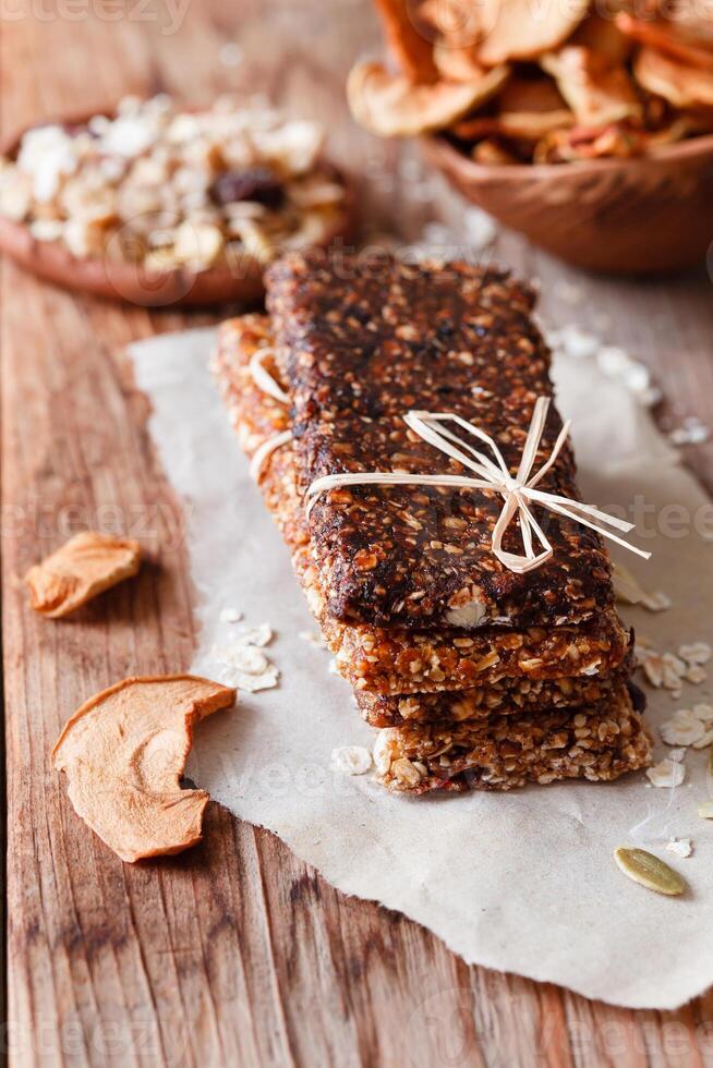 A pile of granola bars on a table photo