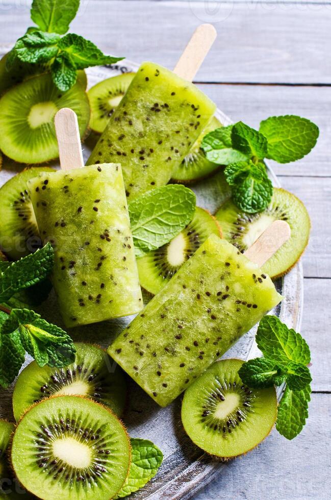 Kiwi popsicles with mint leaves on a plate photo