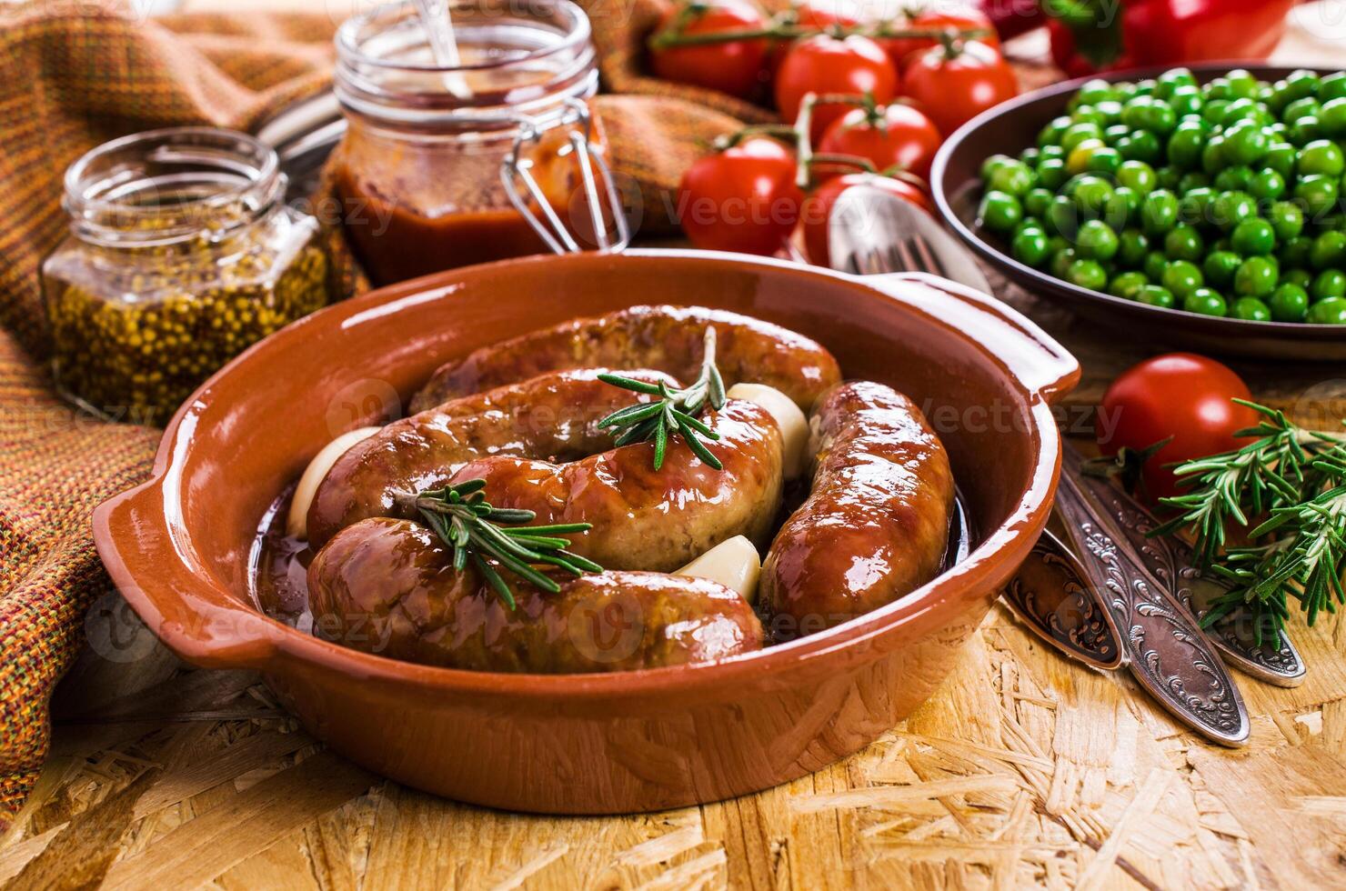 Baked meat sausages photo