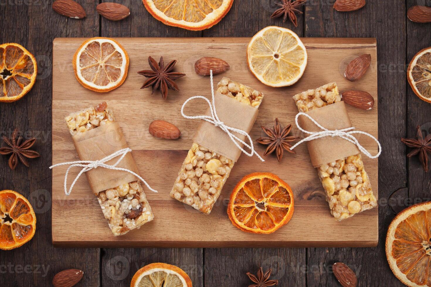 Granola bars with dried fruit and cereals photo