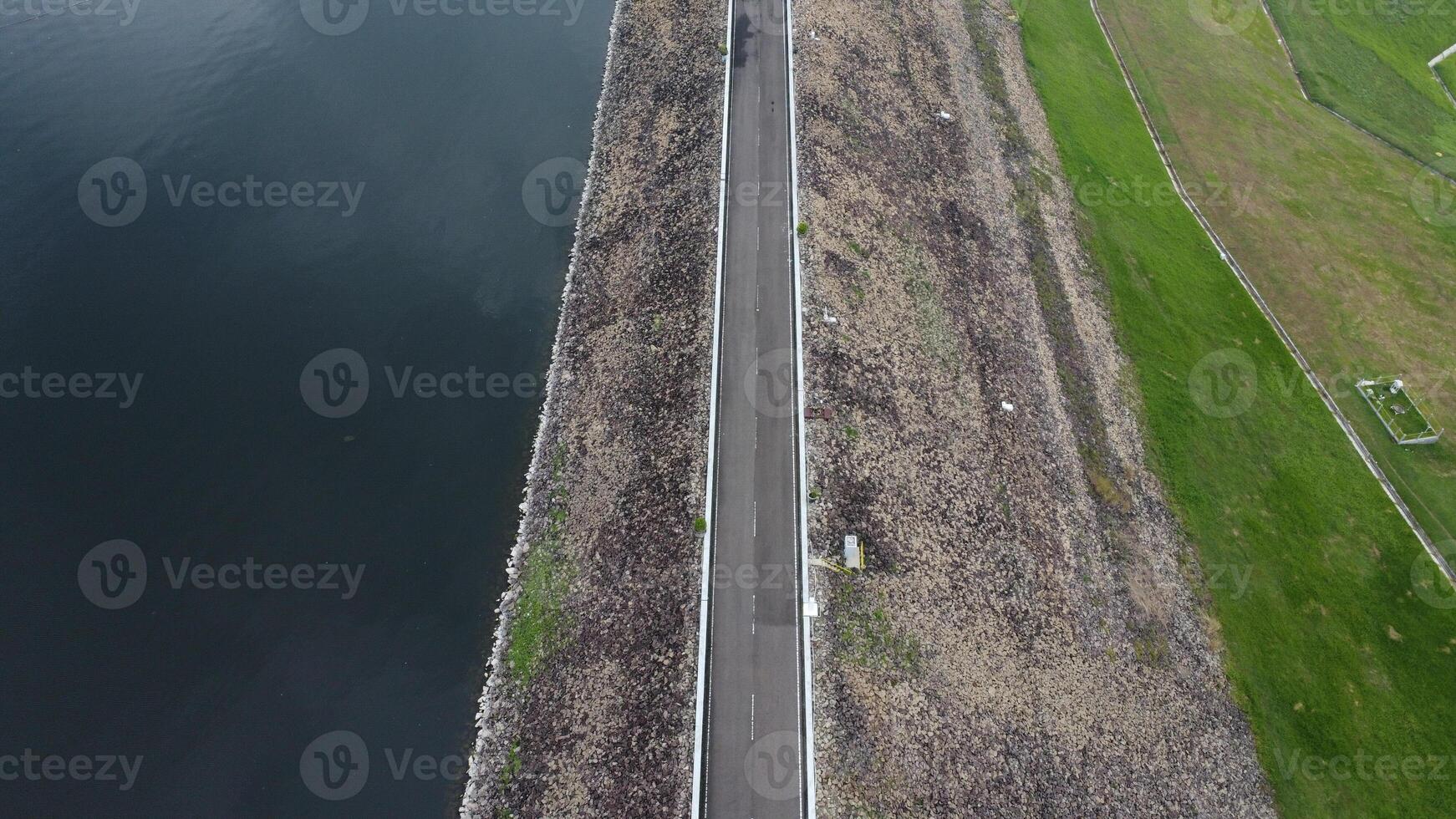 Aerial view of a road and a river photo
