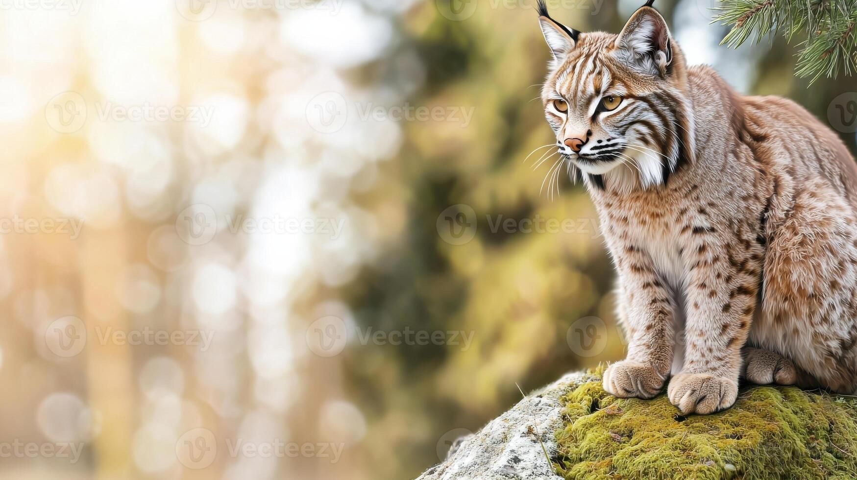 Lynx Sitting On Moss-Covered Rock In Forest. Wild Cat Observing Its Natural Habitat photo