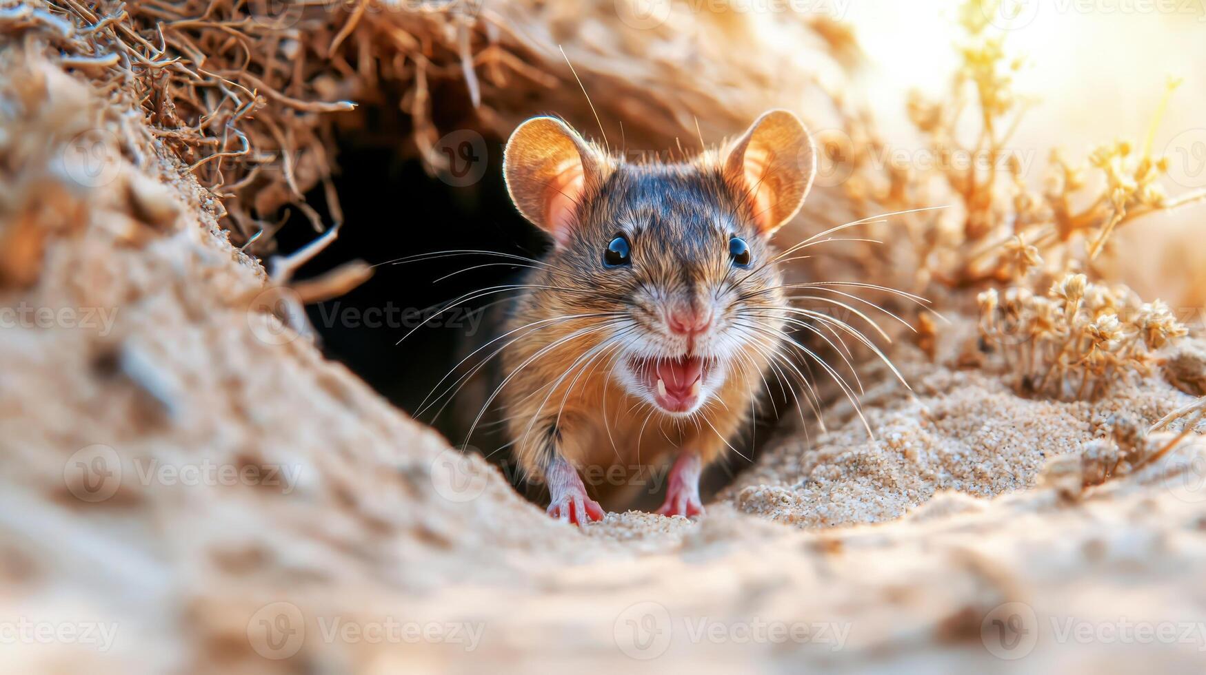 Mouse Emerging From Burrow In Sandy Desert Environment. Wildlife Exploration And Natural Habitat photo