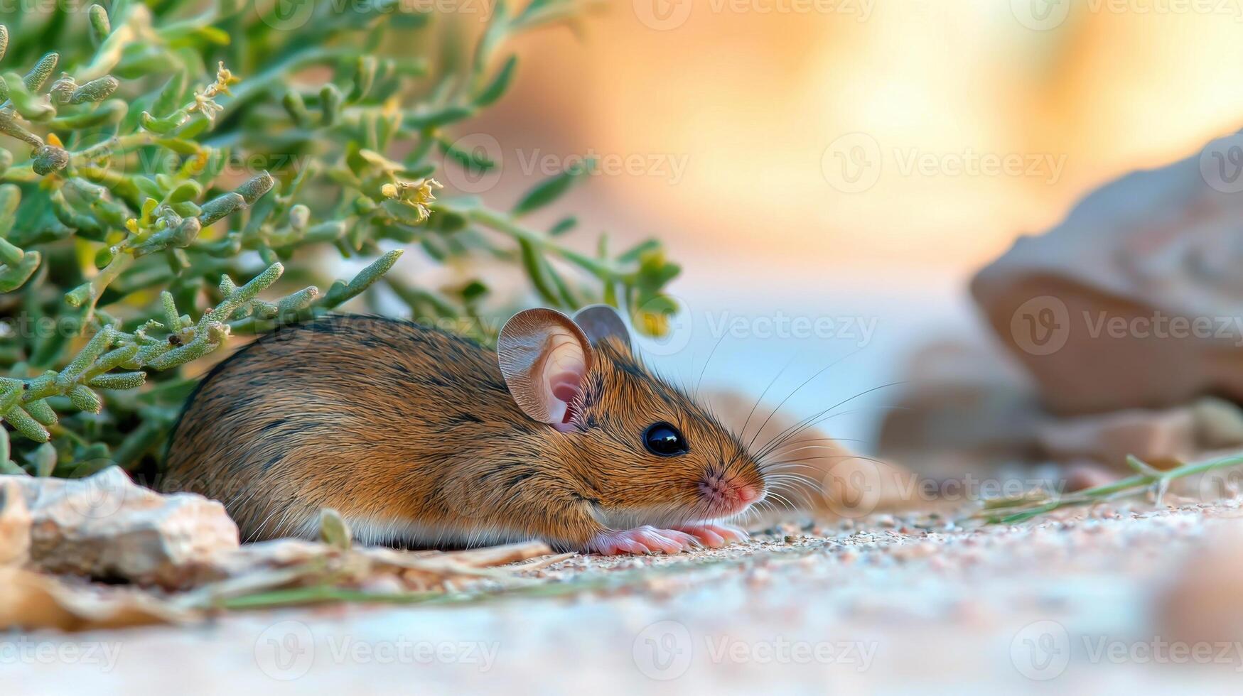 Mouse Resting On Sandy Ground Near Green Foliage. Wildlife In Natural Habitat photo