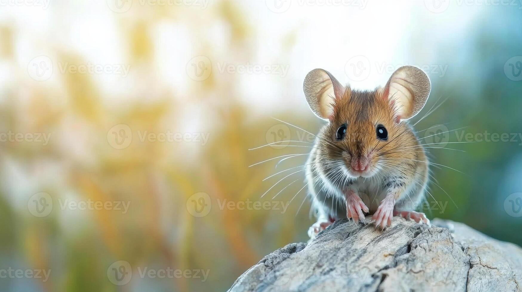 Cute Mouse On Tree Stump In Natural Habitat. Wildlife And Nature Photography photo