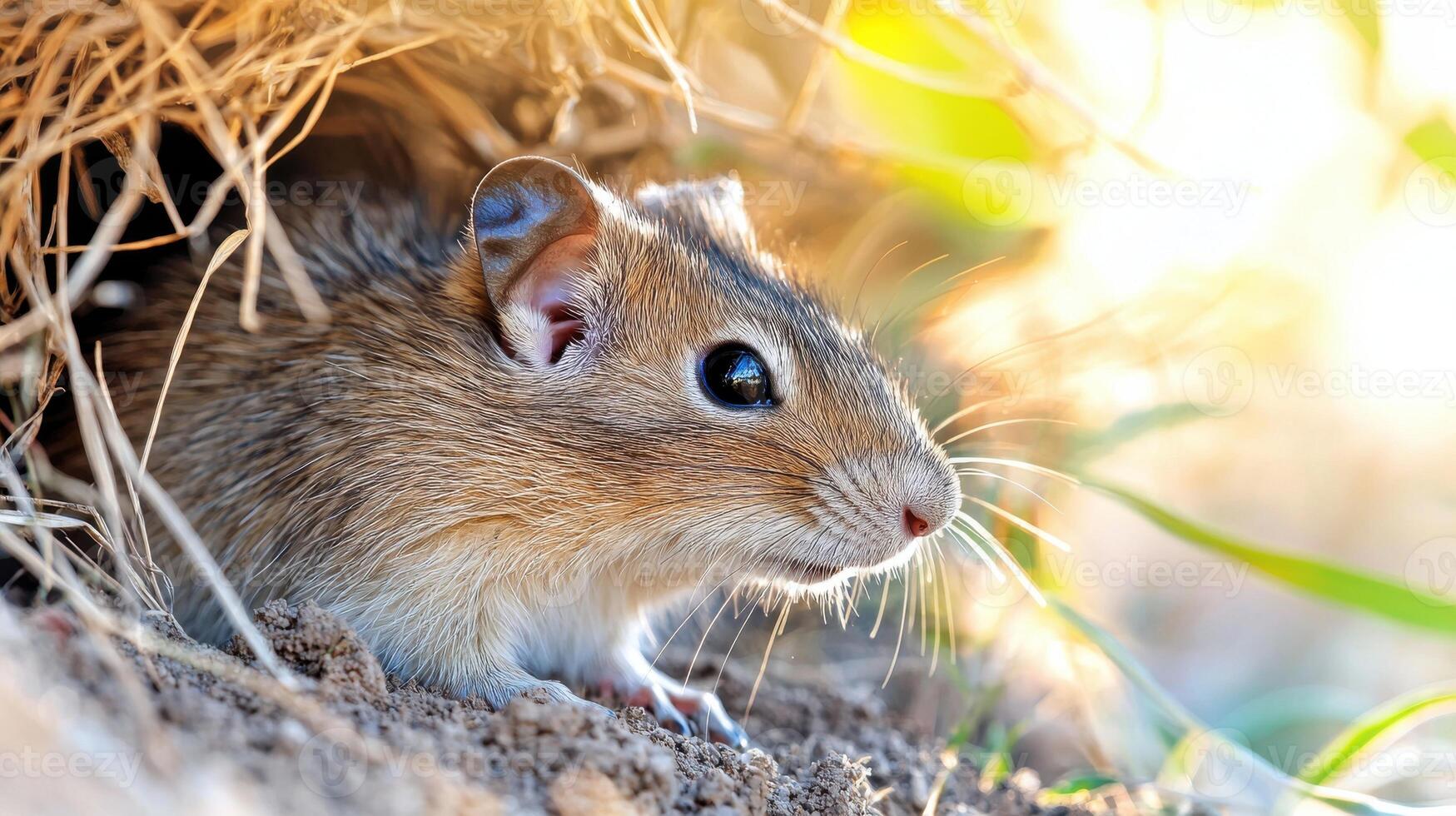 Close-Up Of A Gerbil In Its Natural Habitat. Small Rodent Exploring Its Environment photo
