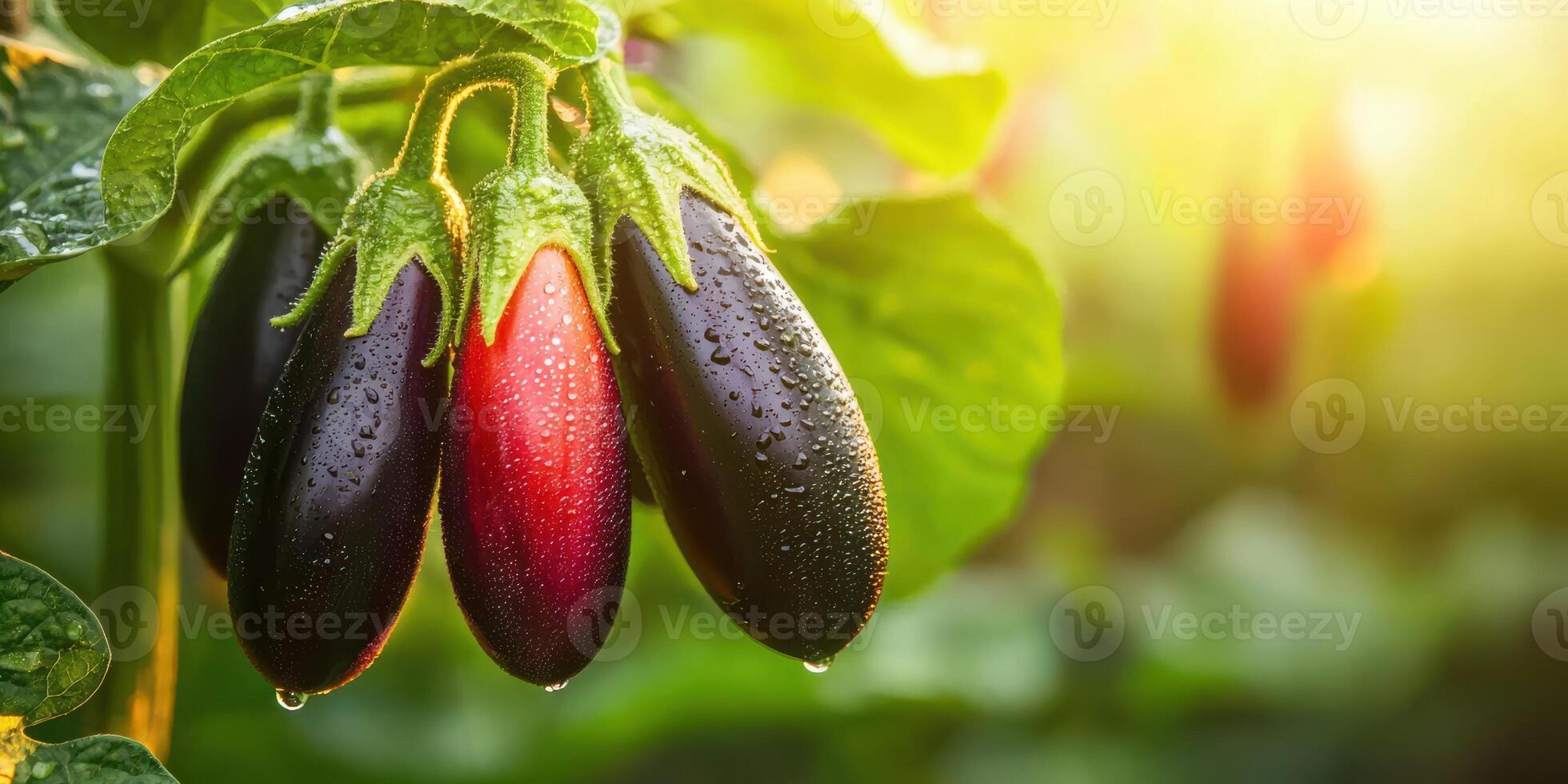 Eggplants With Dew Drops In Sunlit Garden. Fresh Produce Symbolizing Organic Farming And Natural Growth photo
