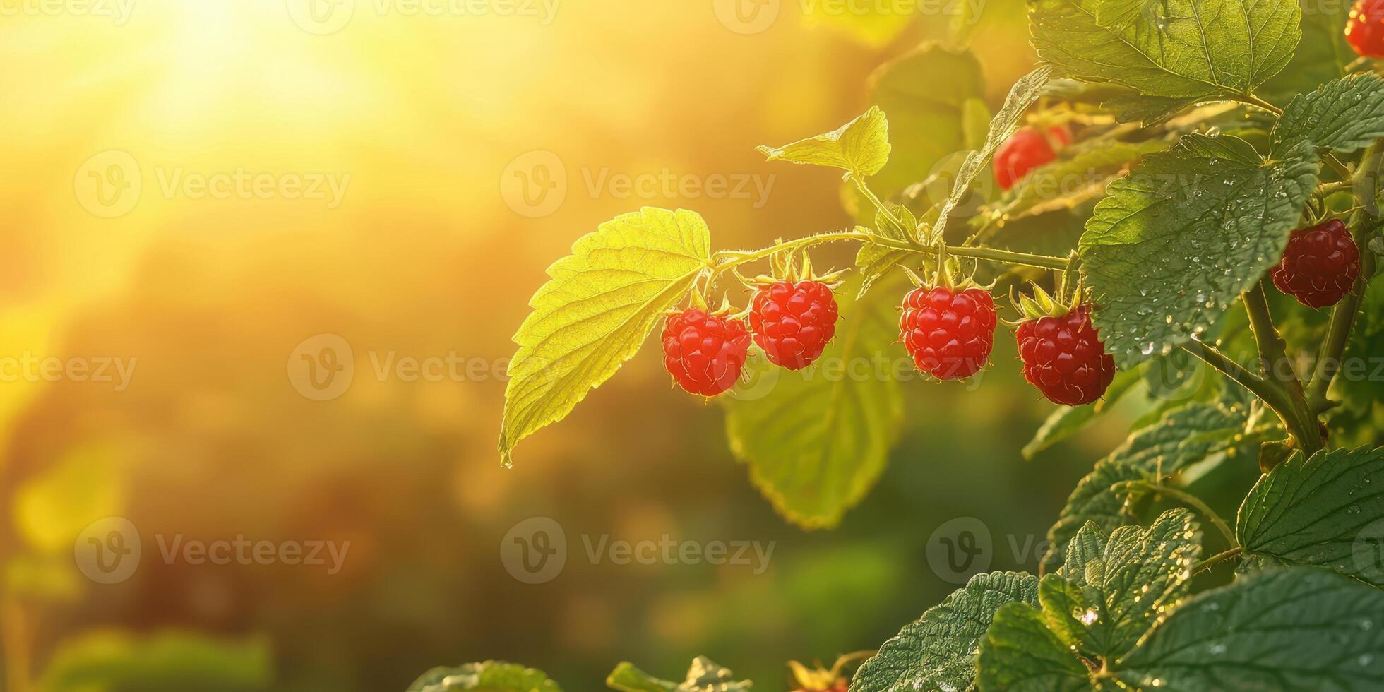 Ripe Red Raspberries On Bush With Dew In Sunlight. Fresh Organic Berries In Morning Glow photo