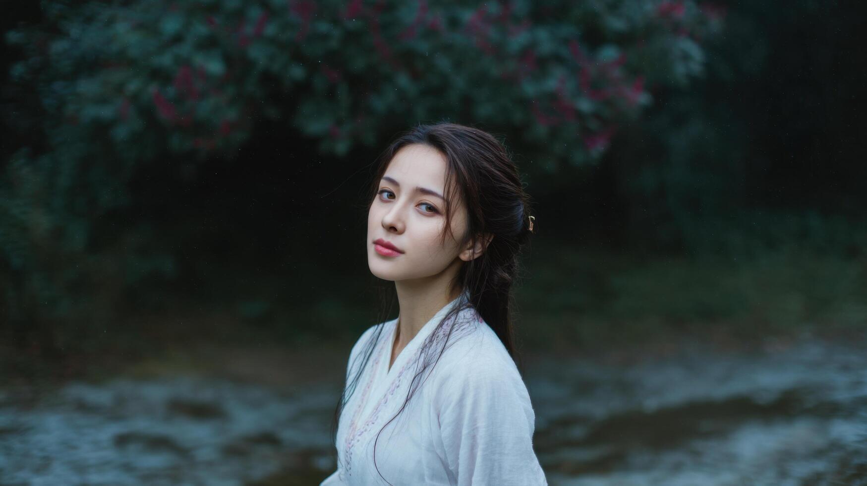 Elegant Woman in White Dress, Captivating Portrait in Nature Setting. A stunning visual of beauty and grace, this image exudes a sense of tranquility and ethereal charm. photo