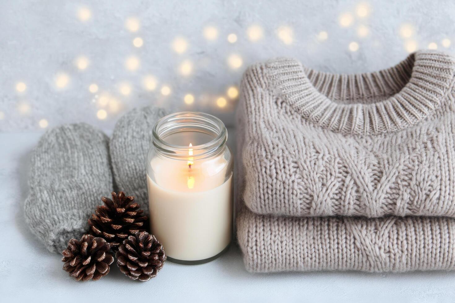 Cozy Winter Scene Knitwear, Candlelight, and Festive Cheer. Perfect for holiday decorations, creating a warm and inviting atmosphe photo