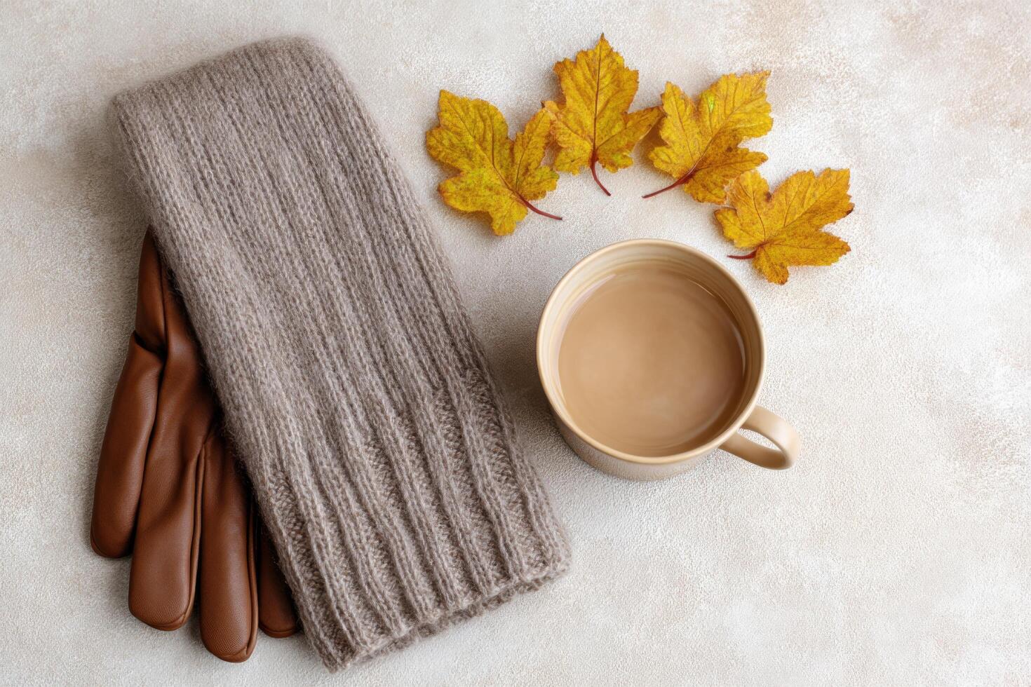 Cozy Autumn Vibes Warm Coffee, Knitwear, and Fall Leaves. A perfect image for blogs, websites, or social media, evoking feelings o photo