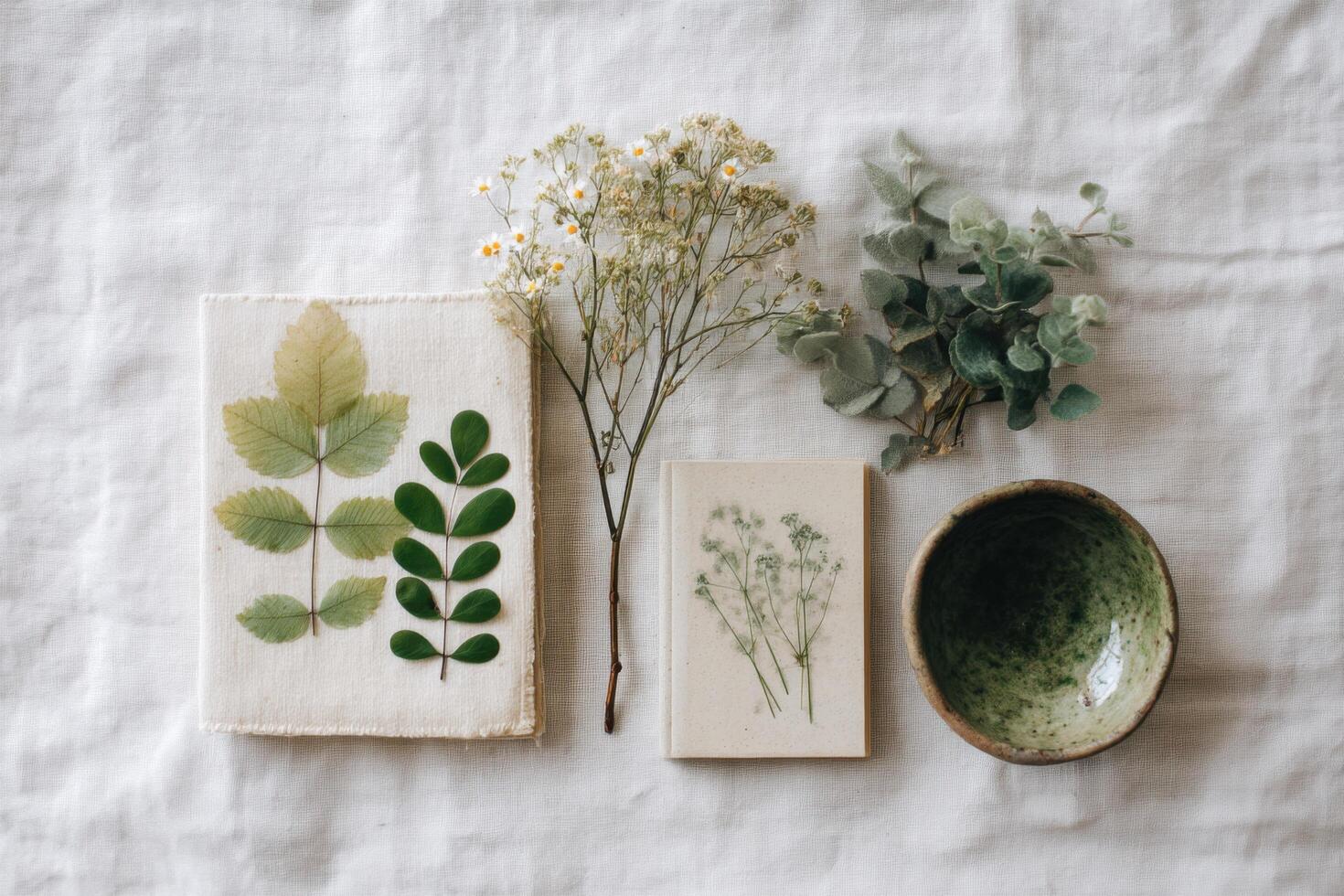 Pressed Flowers and Leaves Botanical Composition A Minimalist Still Life on Rustic Fabric photo