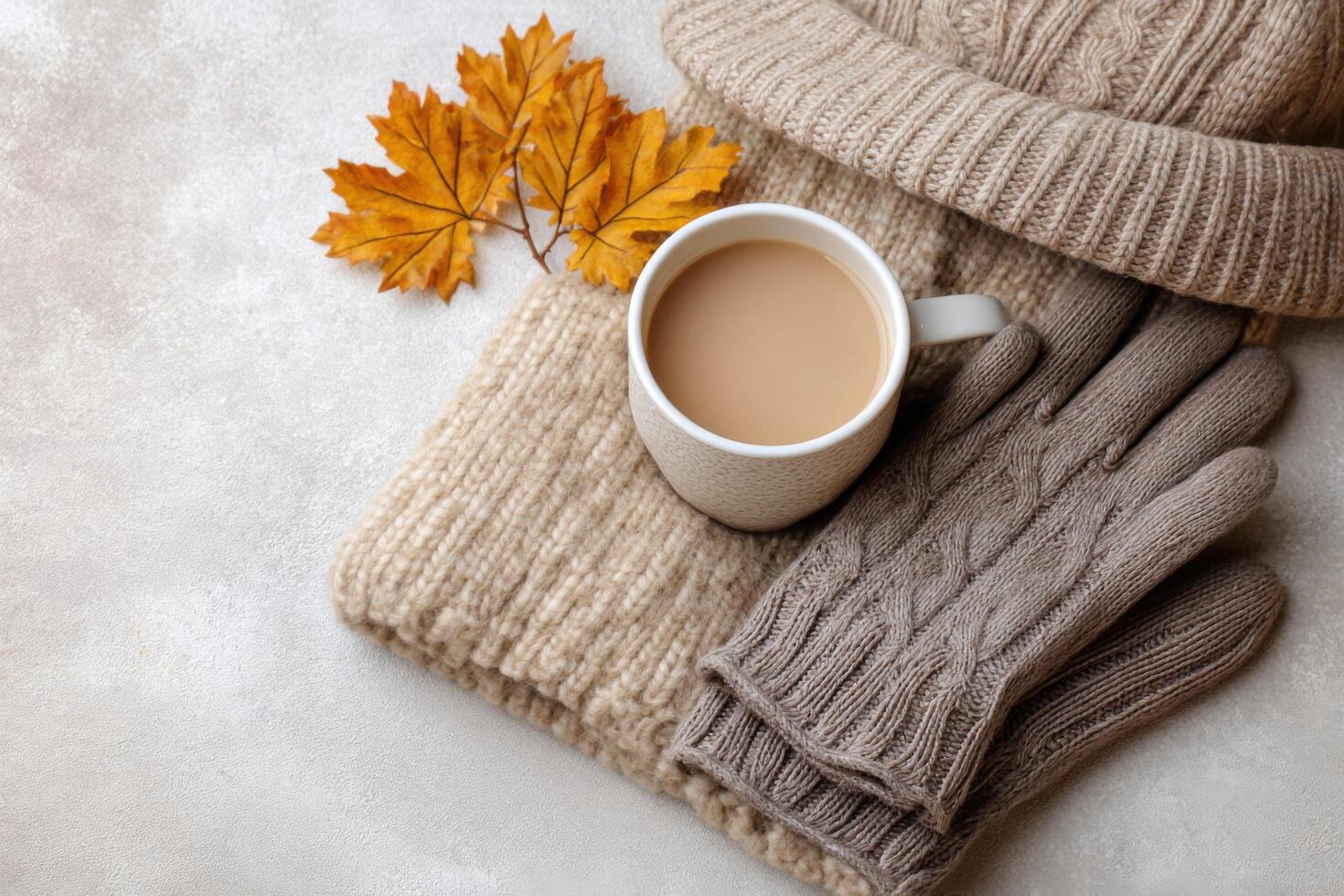 Cozy Autumn Vibes Warm Knitwear, Coffee, and Fall Leaves. Perfect for a relaxing day at home. Embrace the season's charm and warmt photo