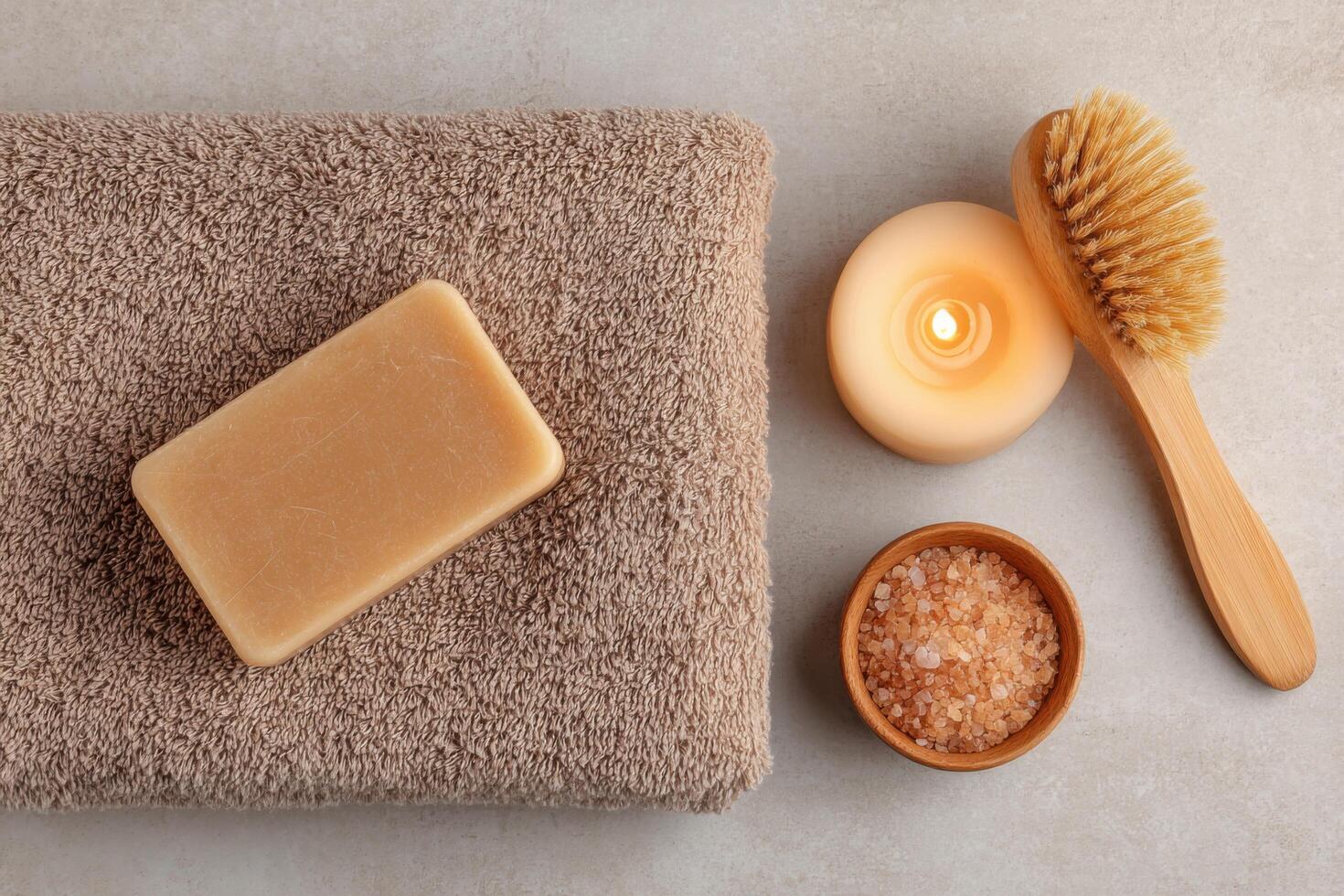 Relaxing Spa Setting Aromatic Candle, Soft Towel, Natural Soap, and Wooden Body Brush. Indulge in a Tranquil and Rejuvenating Home photo