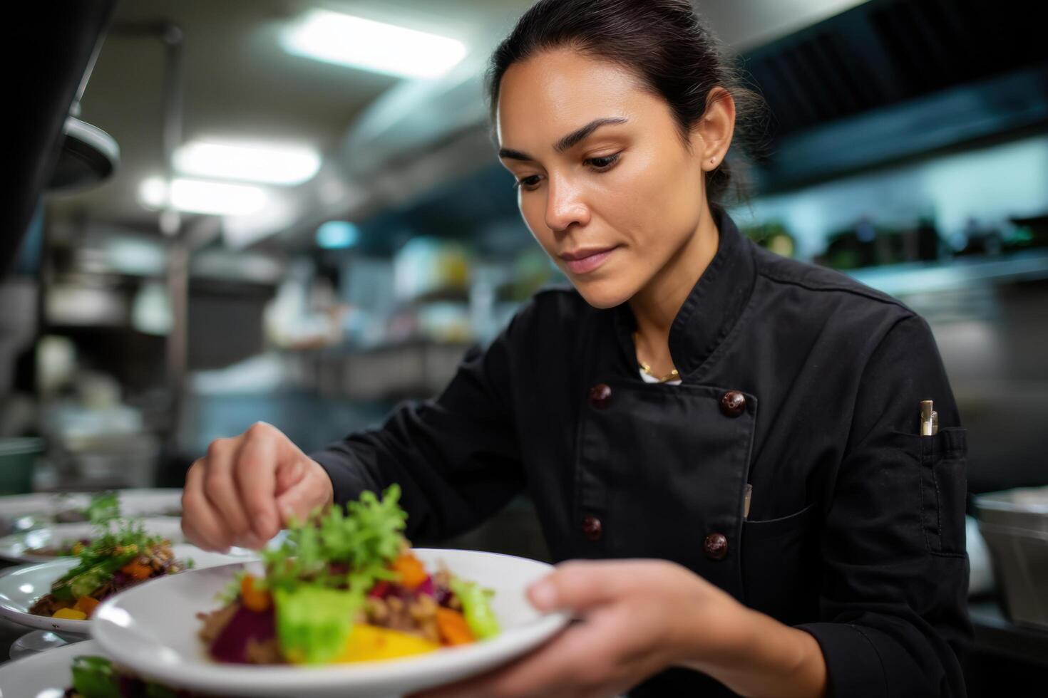 A talented chef meticulously prepares a vibrant and healthy salad, showcasing culinary expertise and attention to detail in a rest photo