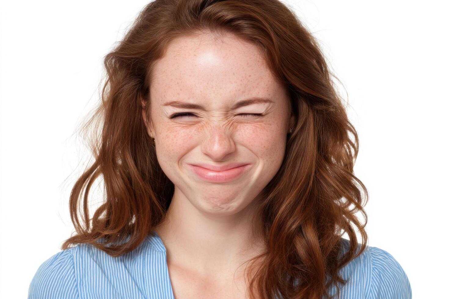 portrait of a young redhead woman with freckles, smiling happily. Her joyful expression and cute features are beautifully captured photo